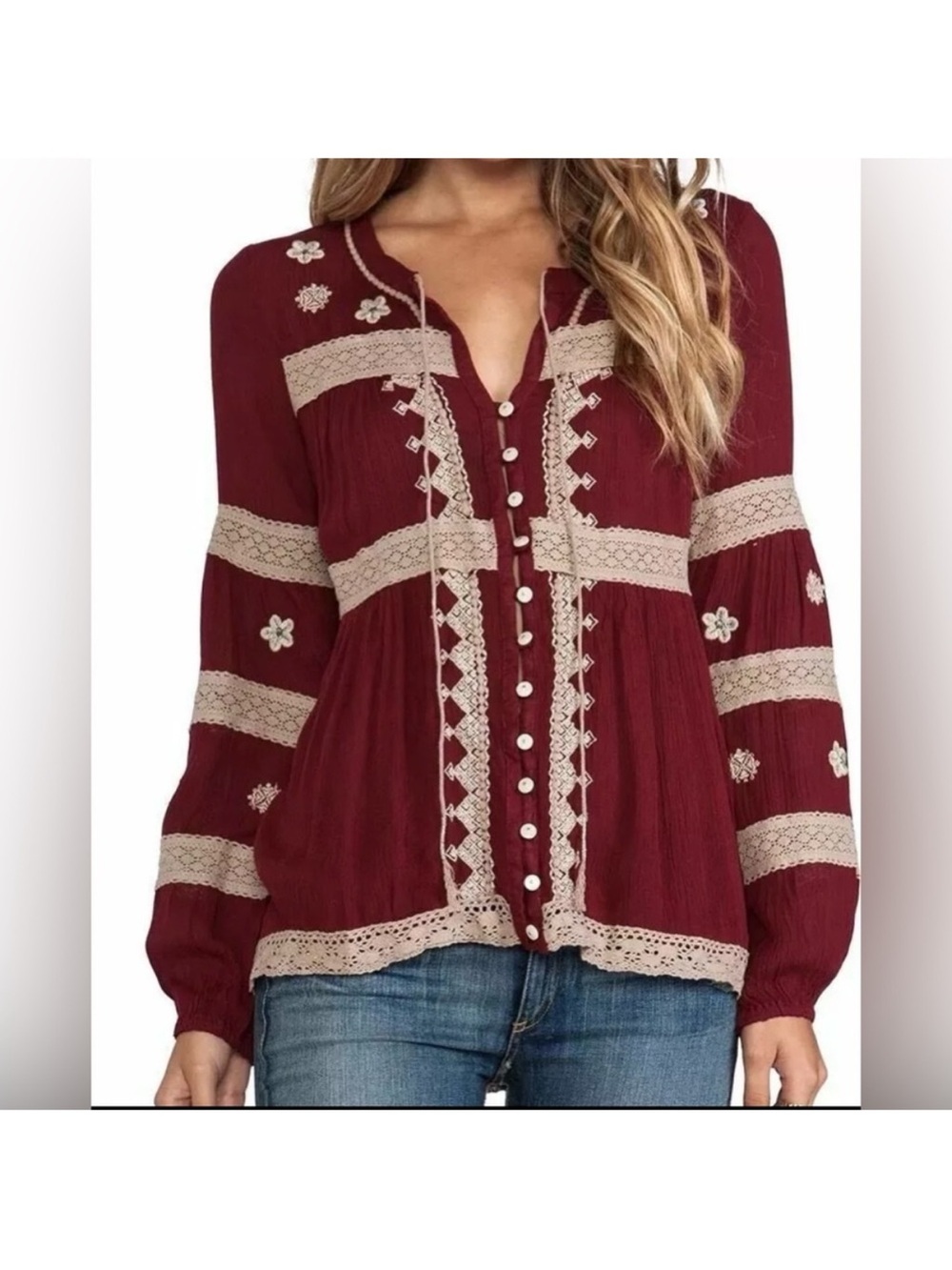 Free People Iris Top NWOT Cranberry XS Boho Embroidered Lace Peasant Blouse - Picture 3 of 7